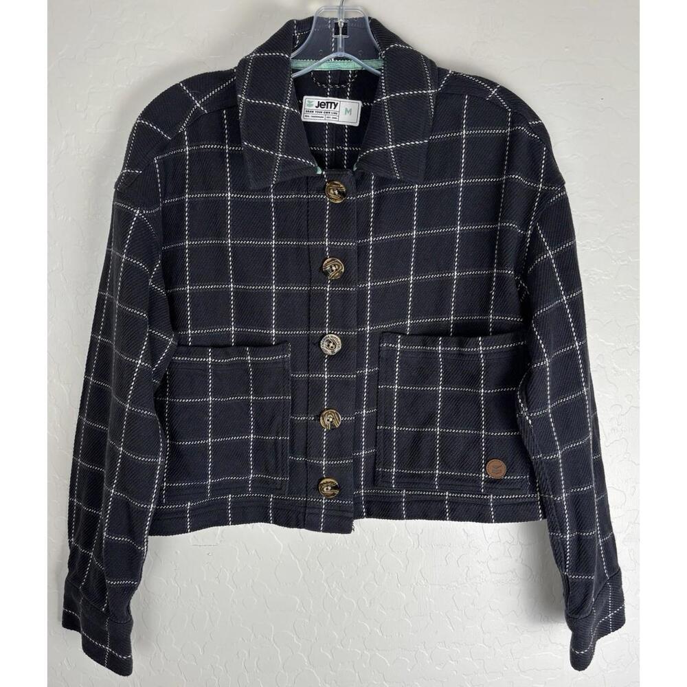 Jetty Marine Supply Co Womens Grey Windowpane Plaid Cropped Cotton Jacket M 1581